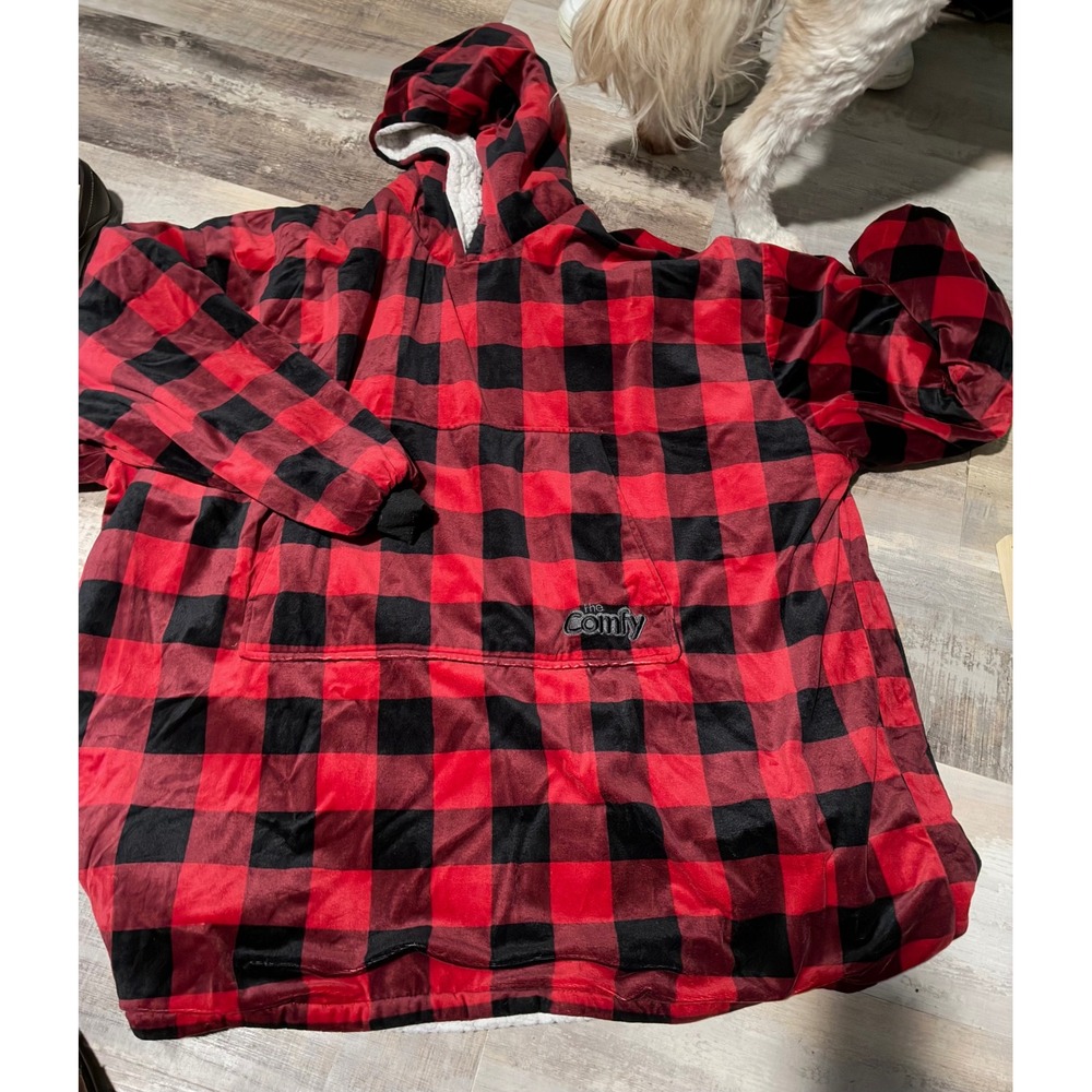 The Comfy Sherpa Lined Hooded Blanket Sweatshirt Red Black Buffalo Plaid